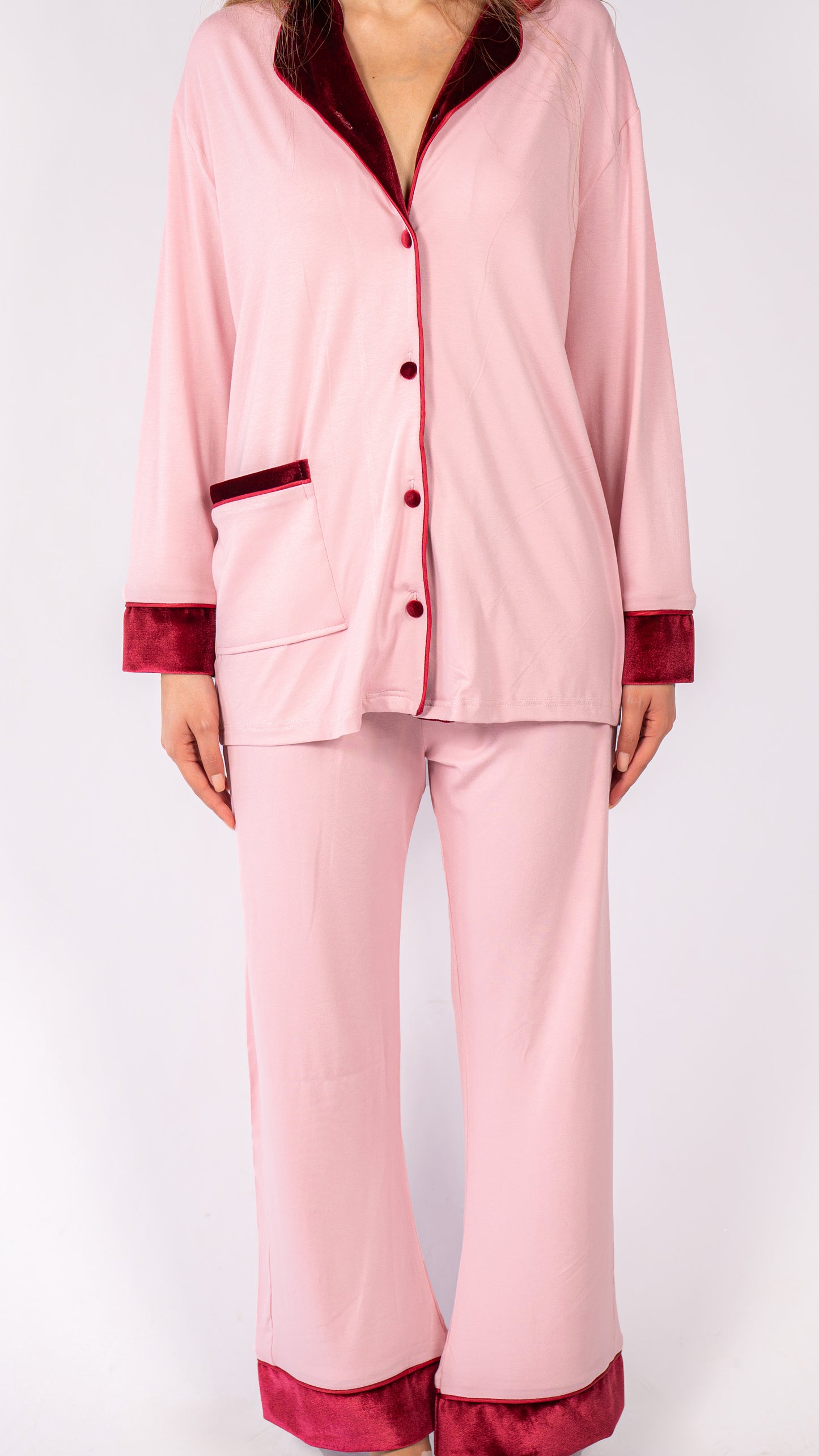 Velvet Dreams Long Sleeve Collared Pyjama Set - Pink