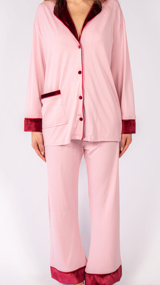 Velvet Dreams Long Sleeve Collared Pyjama Set - Pink