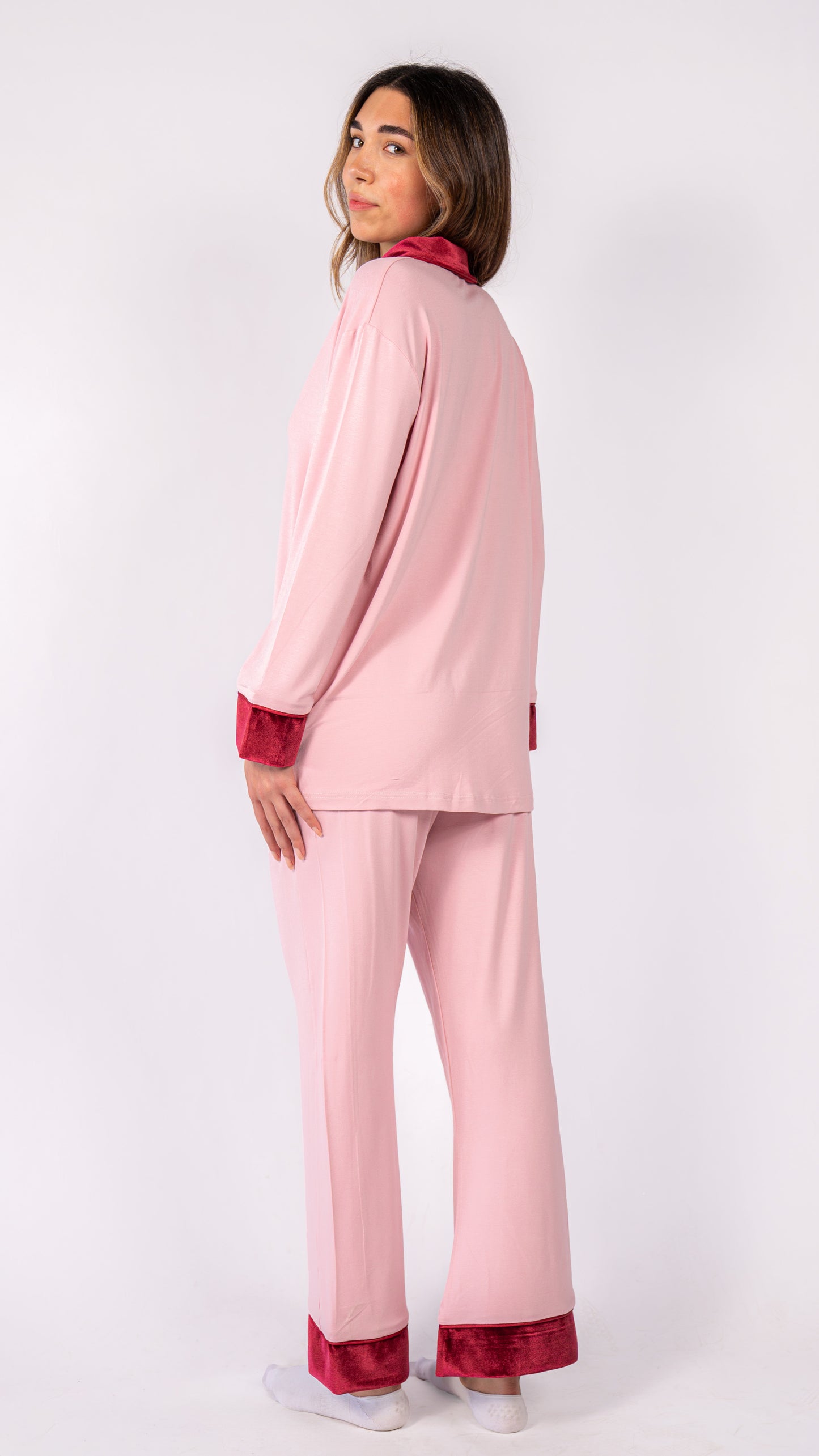 Velvet Dreams Long Sleeve Collared Pyjama Set - Pink