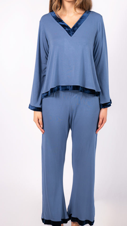 Velvet Dreams Long Sleeve Pyjama Set - Indigo